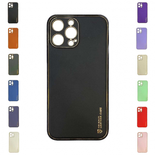 قاب ایفون 13 پرومکس چرمی Unique Case دور طلایی محافظ لنز دار iPhone 13 Pro Max