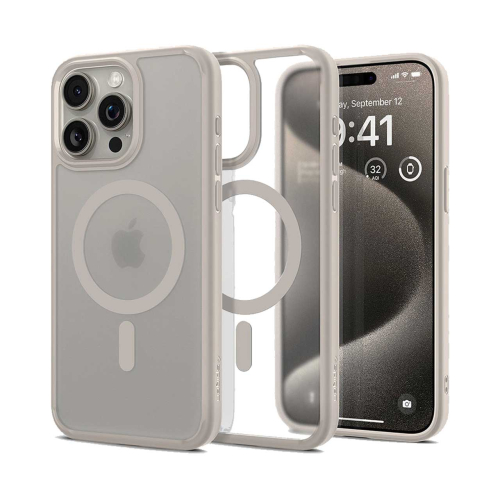 قاب آیفون 15 پرومکس برند اسپیگن شفاف دور رنگی با مگ سیف و محافظ اسپیکر Spigen Ultra Hybrid (MagFit) iPhone 15 Pro Max
