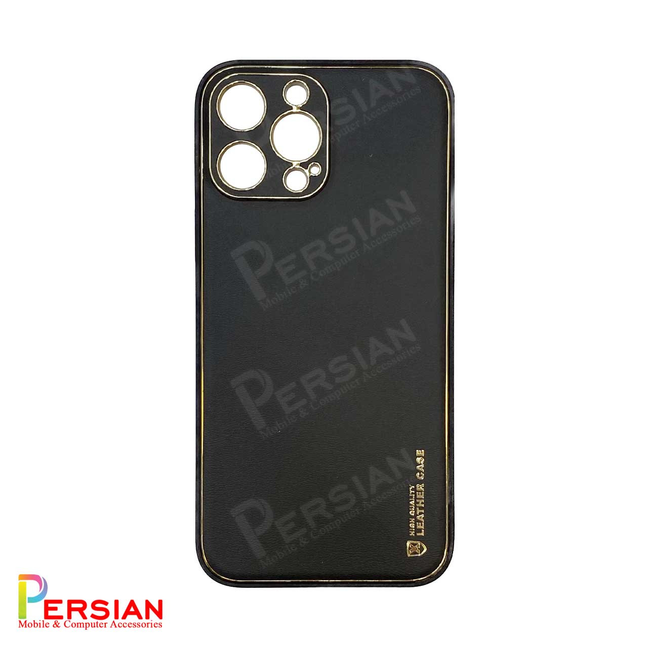 قاب ایفون 14 پرومکس چرمی Unique Case دور طلایی محافظ لنز دار iPhone 14 Pro Max