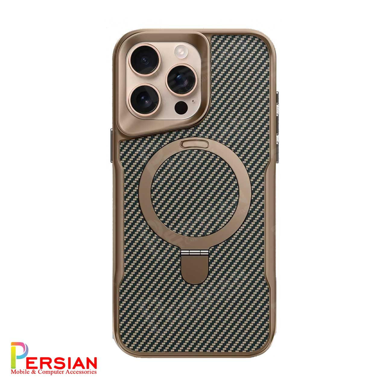 قاب گوشی آیفون 16 پرو طرح فیبر کربن مگ سیف استند شو برند مجیک ماسک Fiber Carbon Magic Mask Case iPhone 16 Pro