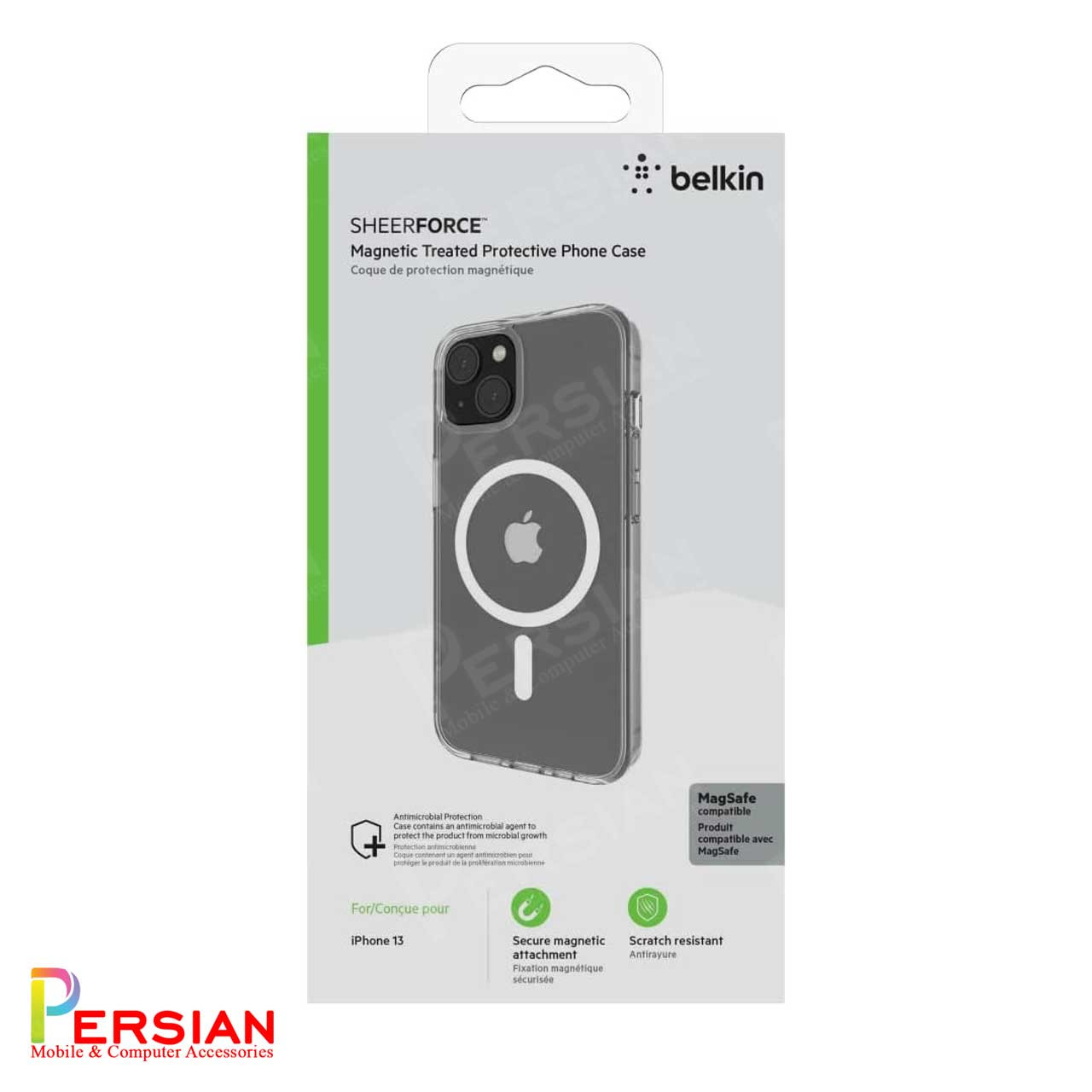 قاب شفاف گوشی آیفون 13 برند بلکین با مگ سیف و دکمه و رینگ متال Belkin For IPhone 13