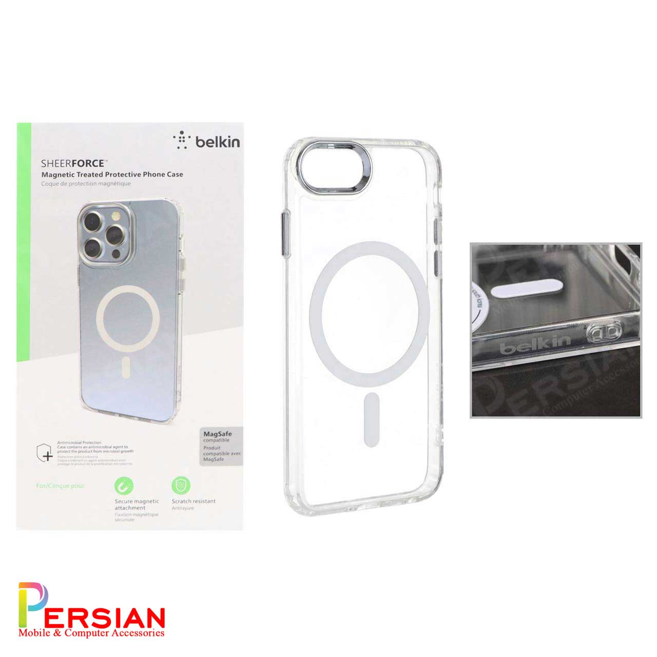 قاب شفاف گوشی آیفون 7/8/se برند بلکین با مگ سیف و دکمه و رینگ متال Belkin For IPhone 7/8/se