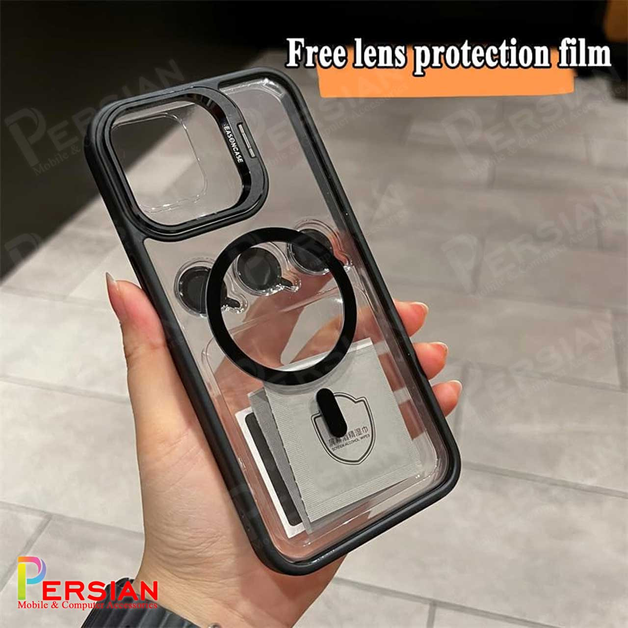 قاب آیفون 15 پرو شفاف استند شو ایسون کیس با مگ سیف ومحافظ لنز رینگی Eason Case IPhone 15 Pro