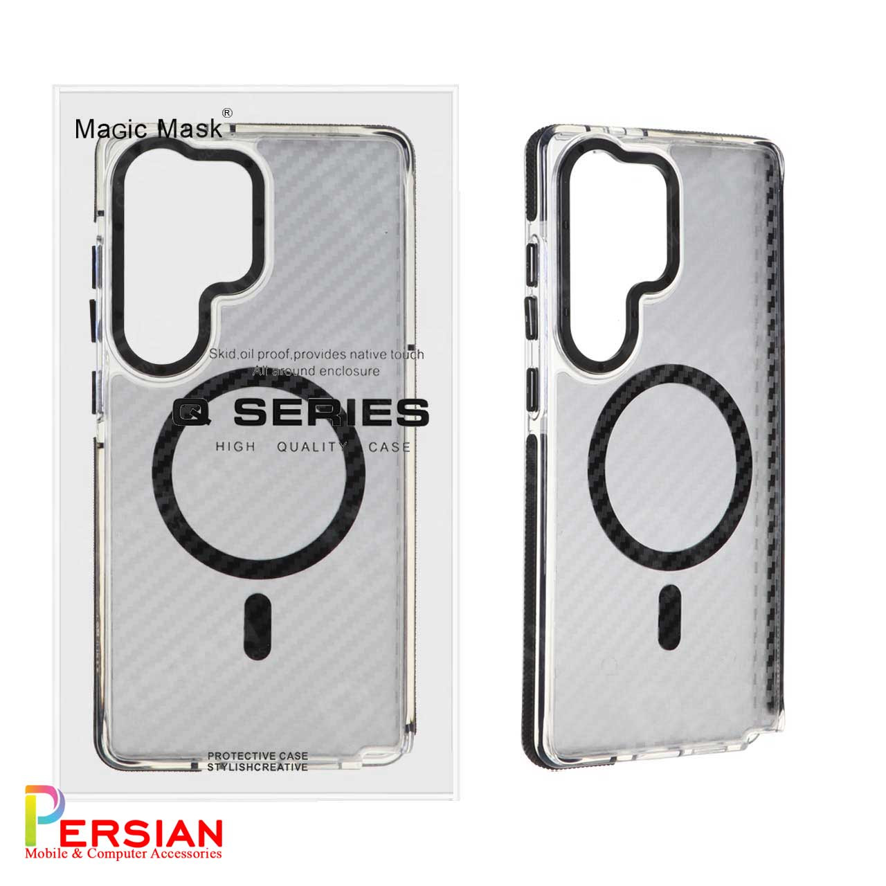 قاب مگ سیف دار گوشی سامسونگ S24 Ultra طرح کربن برند مجیک با لنز و دکمه متال Magic Carbon Metal Magsafe Samsung S24 Ultra