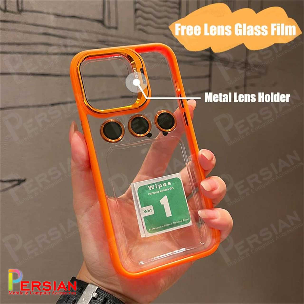 قاب آیفون 15 پرو برند ایسون کیس شفاف استند شو با محافظ لنز رینگی  Eason Case IPhone 15 Pro
