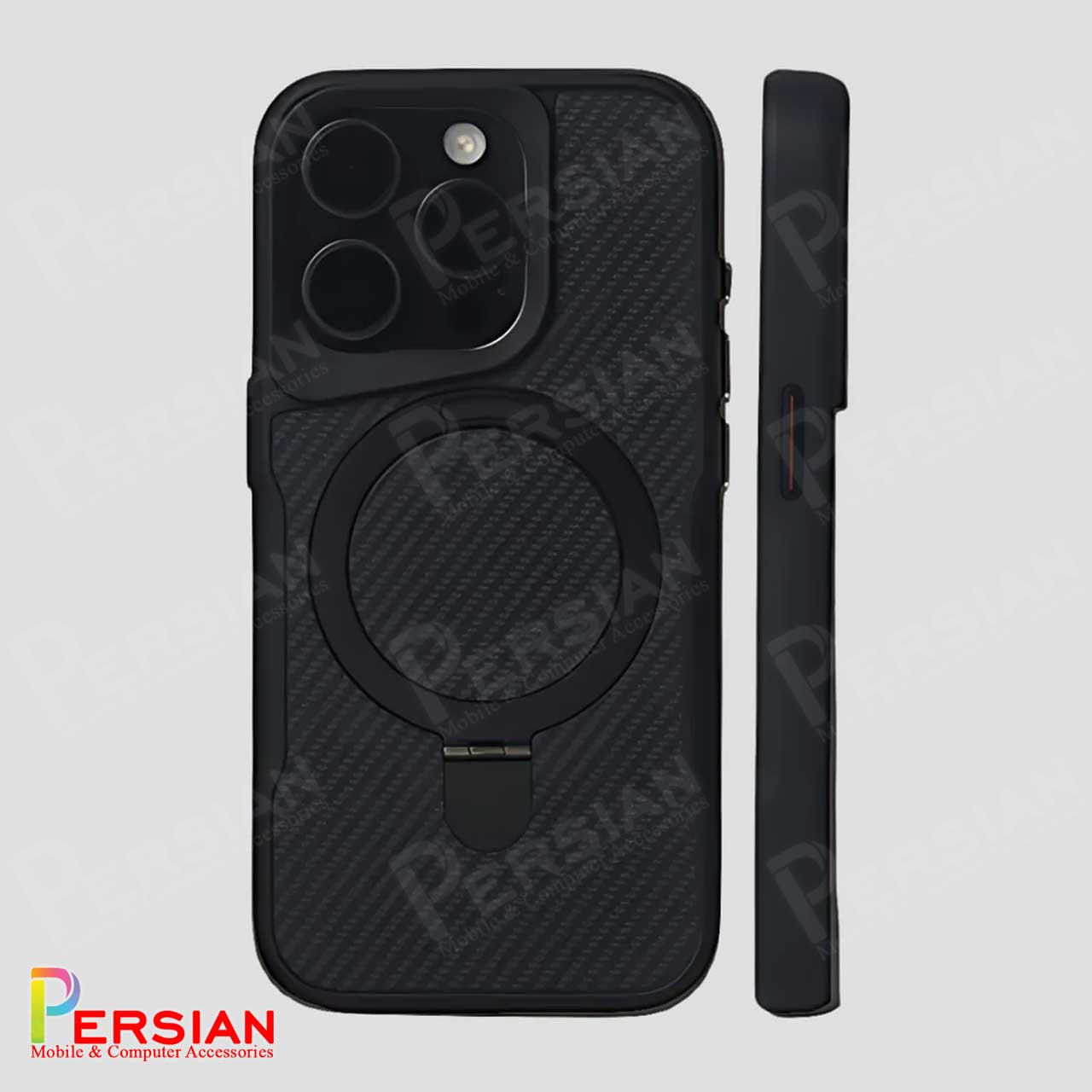 قاب گوشی آیفون 13 طرح فیبر کربن مگ سیف استند شو برند مجیک ماسک Fiber Carbon Magic Mask Case iPhone 13