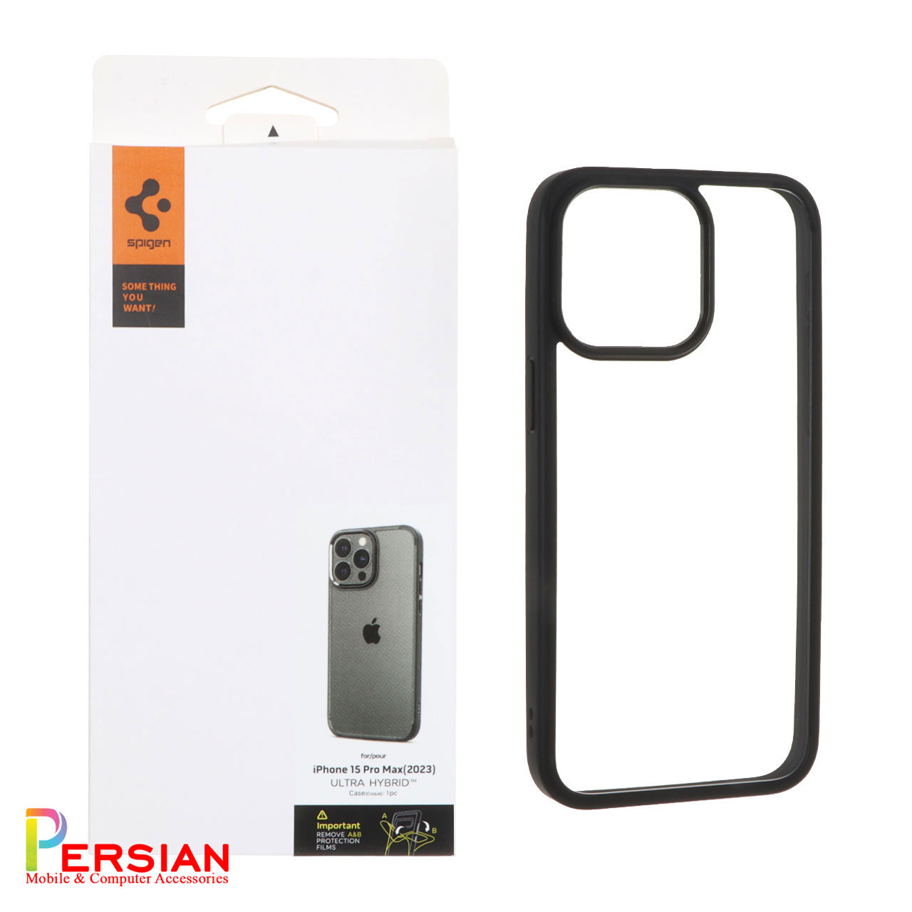 قاب گوشی آیفون 15 پرومکس دور مشکی پشت شفاف برند اسپیگن Spigen Ultra Hybrid Case iPhone 15 Pro Max