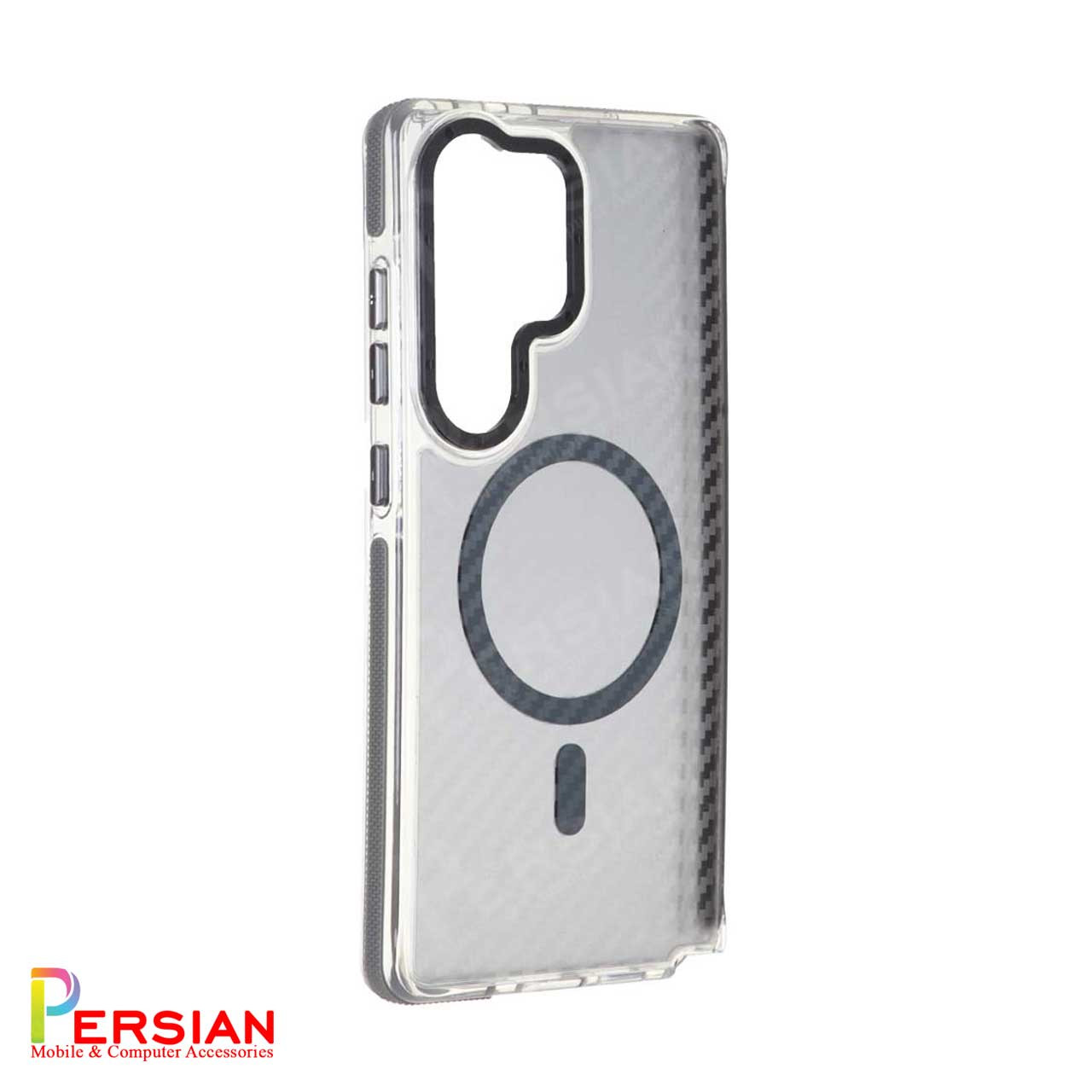 قاب مگ سیف دار گوشی سامسونگ S24 Ultra طرح کربن برند مجیک با لنز و دکمه متال Magic Carbon Metal Magsafe Samsung S24 Ultra