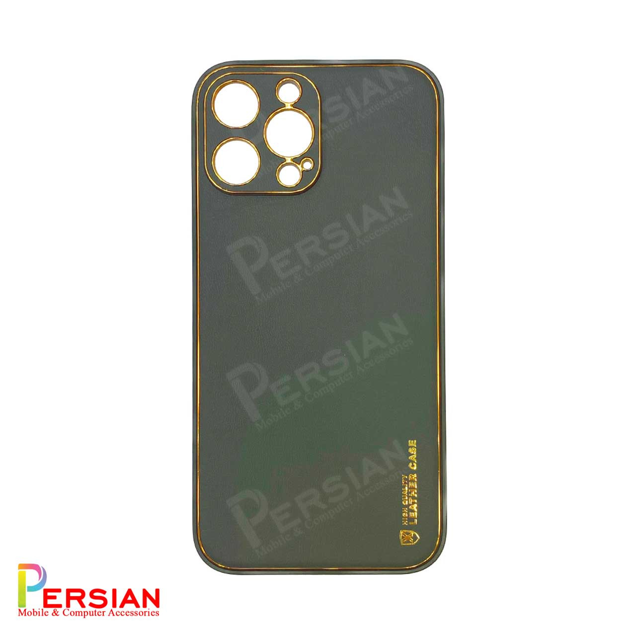 قاب ایفون 14 پرومکس چرمی Unique Case دور طلایی محافظ لنز دار iPhone 14 Pro Max