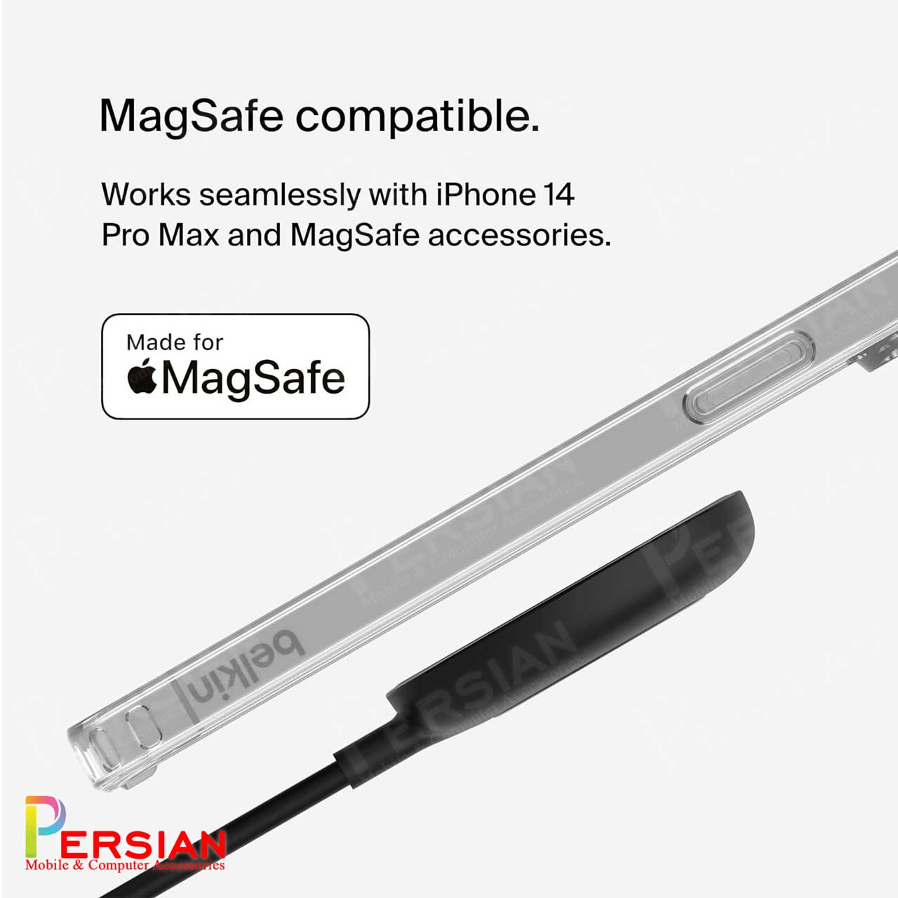 قاب شفاف گوشی آیفون 16 پرومکس برند بلکین با مگ سیف و دکمه و رینگ متال Belkin For IPhone 16 Pro Max