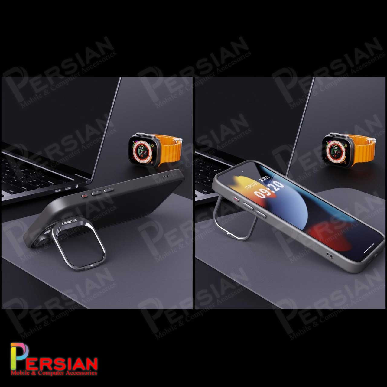قاب آیفون 15 پرومکس برند ایسون کیس شفاف استند شو با محافظ لنز رینگی  Eason Case IPhone 15 Pro Max