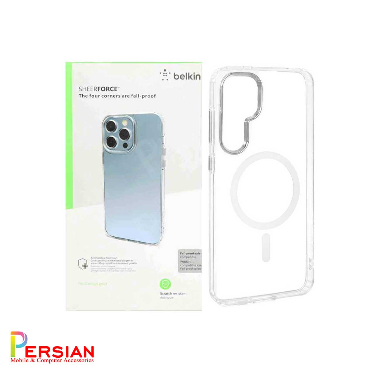 قاب شفاف گوشی سامسونگ S24 FE برند بلکین با مگ سیف و دکمه و رینگ متال Belkin For Samsung S24 FE