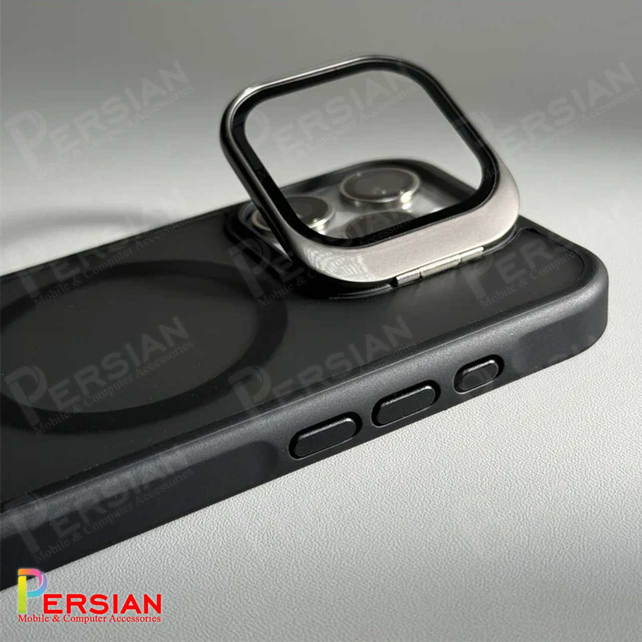 قاب گوشی آیفون 13 پرومکس مات لنز شیشه ای استند شو با مگ سیف مجیک ماسک