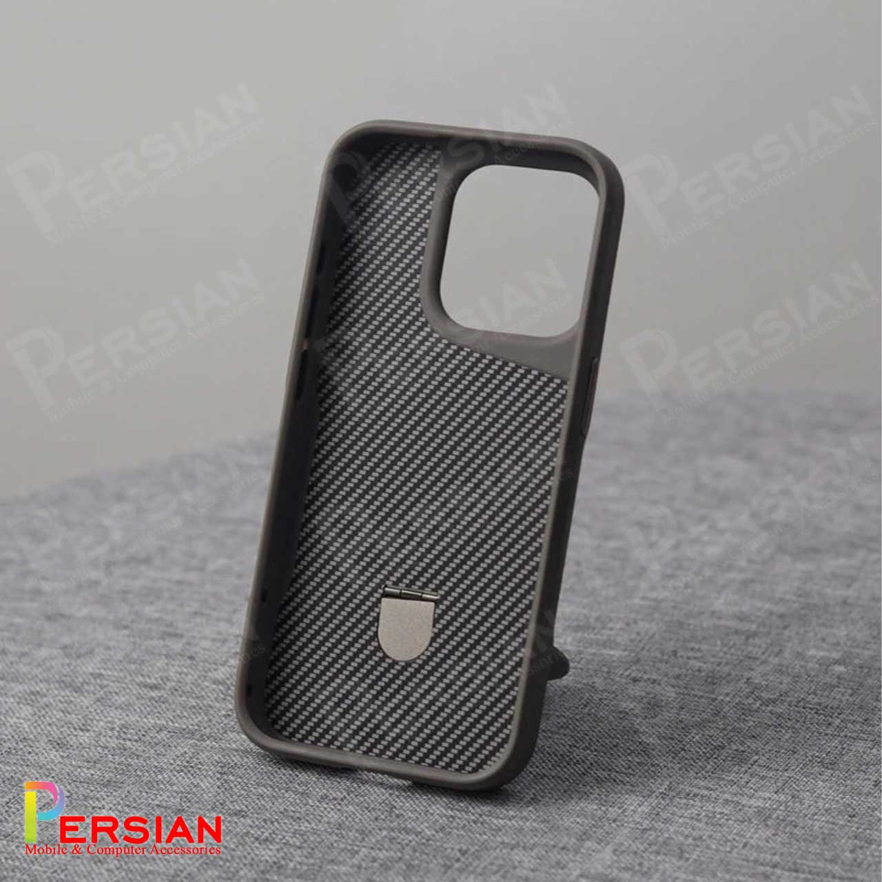 قاب گوشی آیفون 16 پرومکس طرح فیبر کربن مگ سیف استند شو برند مجیک ماسک Fiber Carbon Magic Mask Case iPhone 16 Pro Max