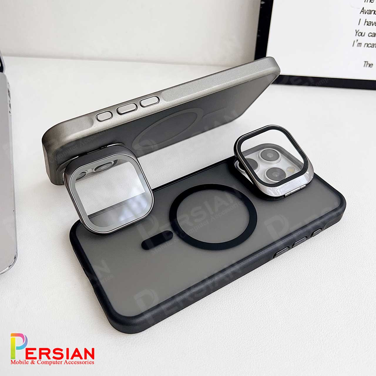 قاب گوشی آیفون 16 پرومکس مات لنز شیشه ای استند شو با مگ سیف مجیک ماسک