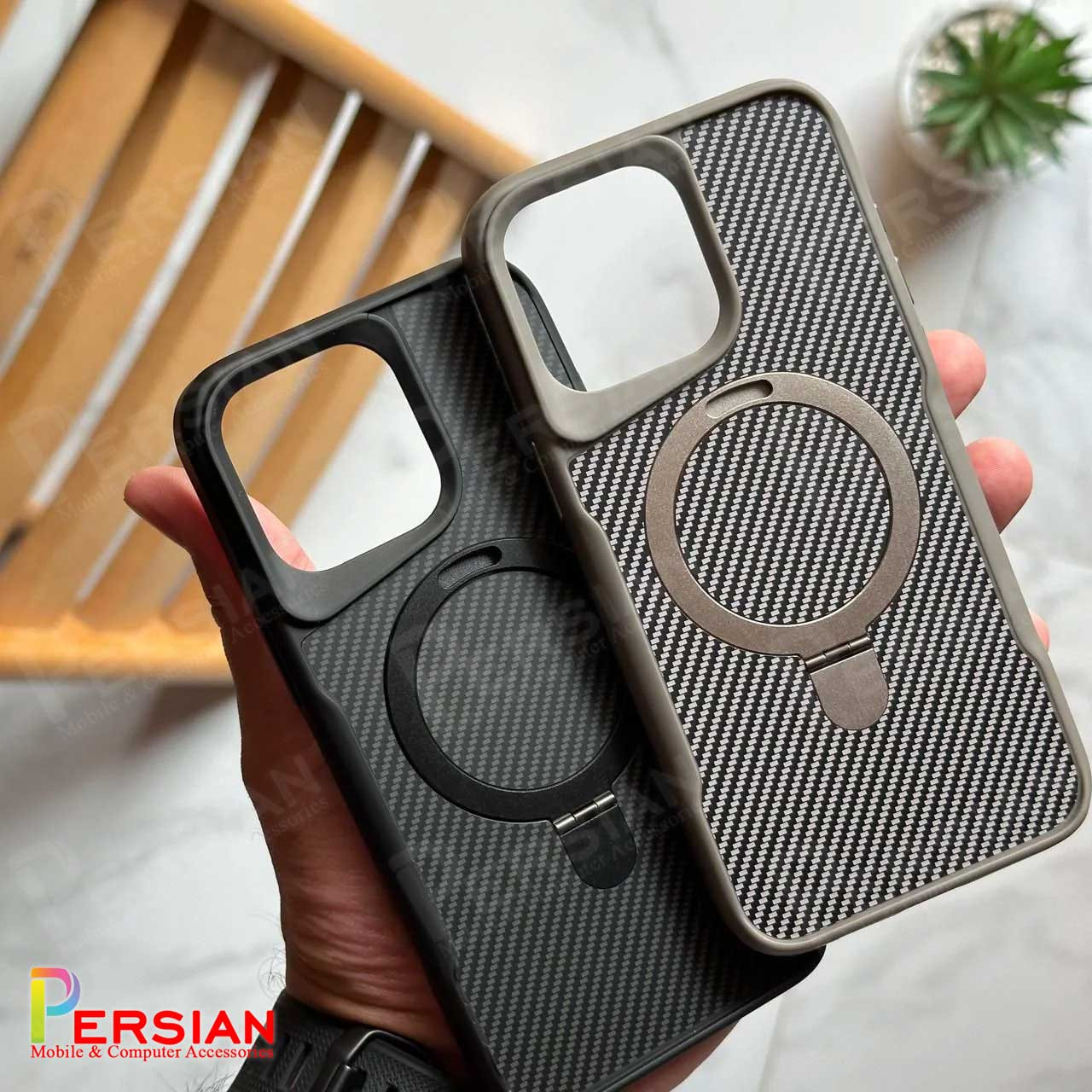 قاب گوشی آیفون 13 طرح فیبر کربن مگ سیف استند شو برند مجیک ماسک Fiber Carbon Magic Mask Case iPhone 13