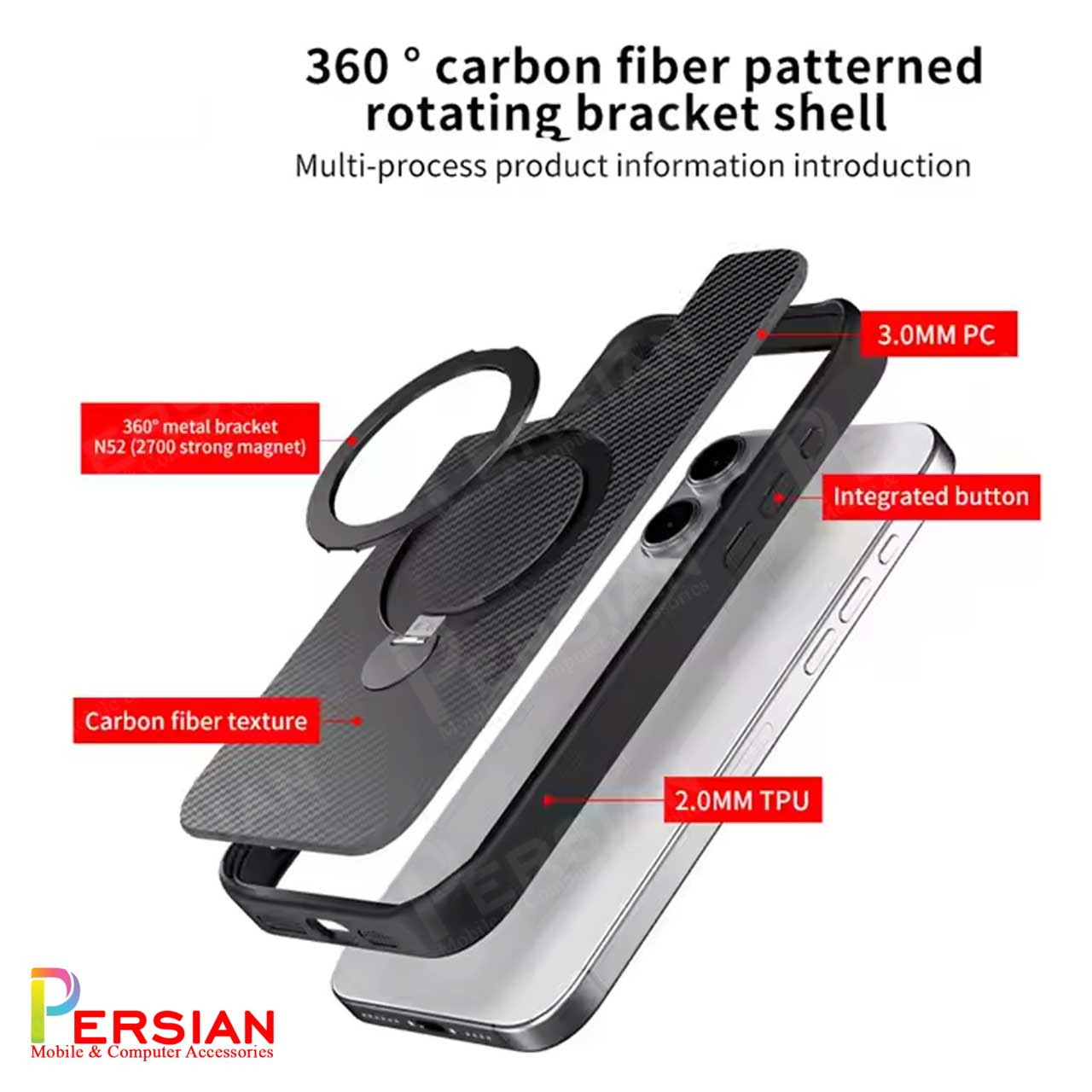 قاب گوشی آیفون 16 پرو طرح فیبر کربن مگ سیف استند شو برند مجیک ماسک Fiber Carbon Magic Mask Case iPhone 16 Pro