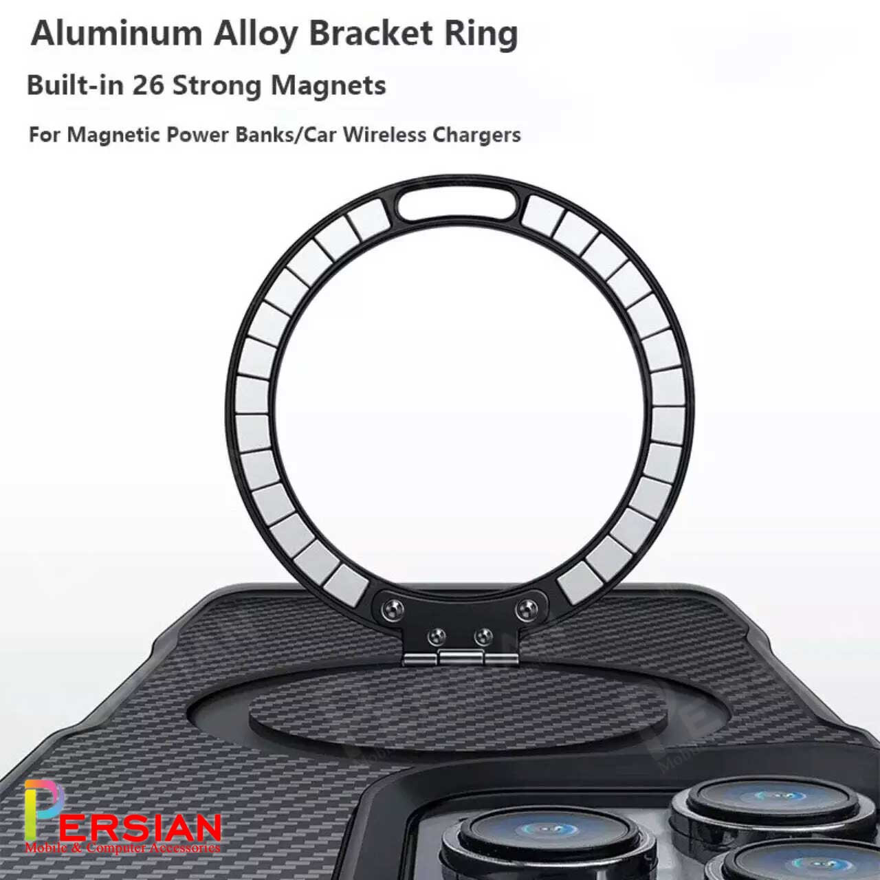 قاب گوشی آیفون 16 پرومکس طرح فیبر کربن مگ سیف استند شو برند مجیک ماسک Fiber Carbon Magic Mask Case iPhone 16 Pro Max