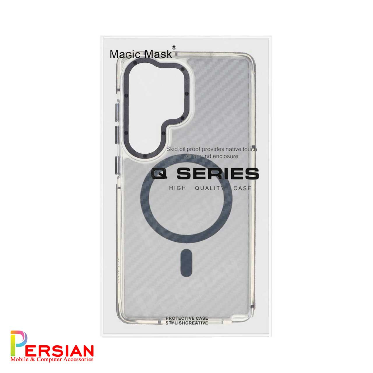 قاب مگ سیف دار گوشی سامسونگ S24 Ultra طرح کربن برند مجیک با لنز و دکمه متال Magic Carbon Metal Magsafe Samsung S24 Ultra
