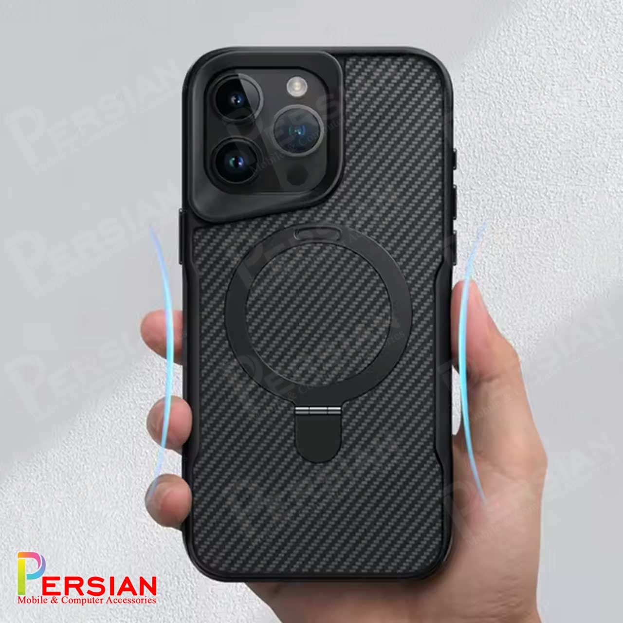 قاب گوشی آیفون 13 طرح فیبر کربن مگ سیف استند شو برند مجیک ماسک Fiber Carbon Magic Mask Case iPhone 13