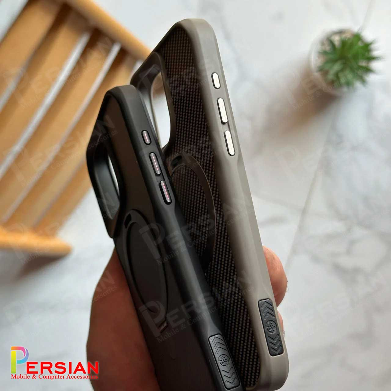 قاب گوشی آیفون 13 طرح فیبر کربن مگ سیف استند شو برند مجیک ماسک Fiber Carbon Magic Mask Case iPhone 13