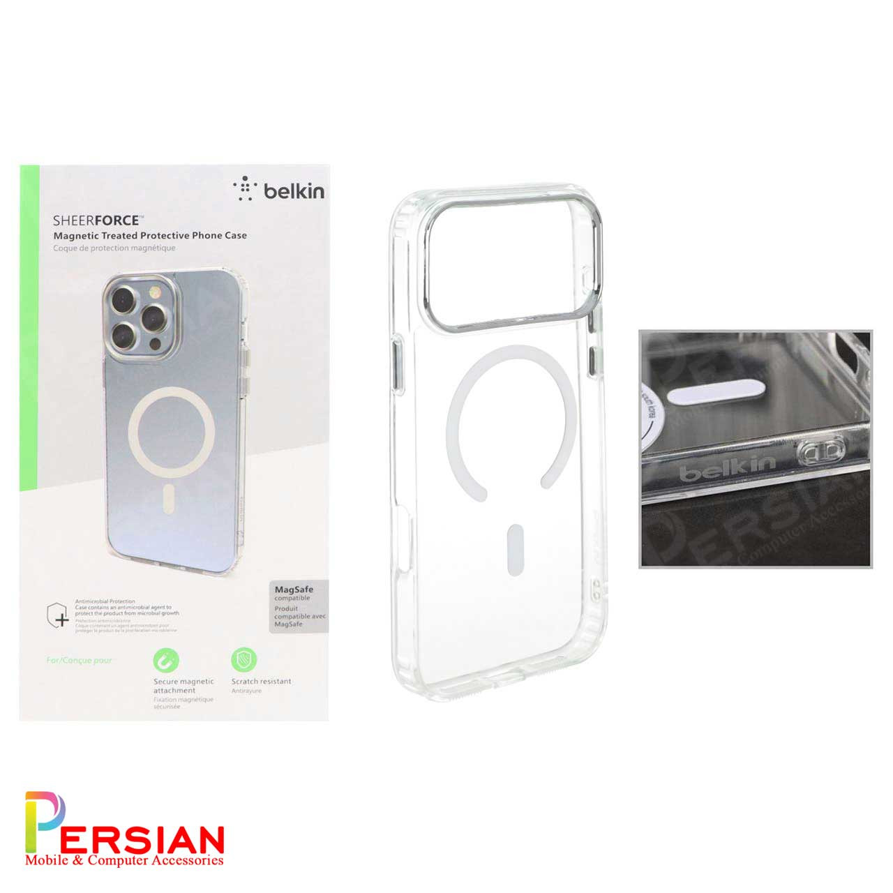 قاب شفاف گوشی آیفون 17 پرو برند بلکین با مگ سیف و دکمه و رینگ متال Belkin For IPhone 17 Pro