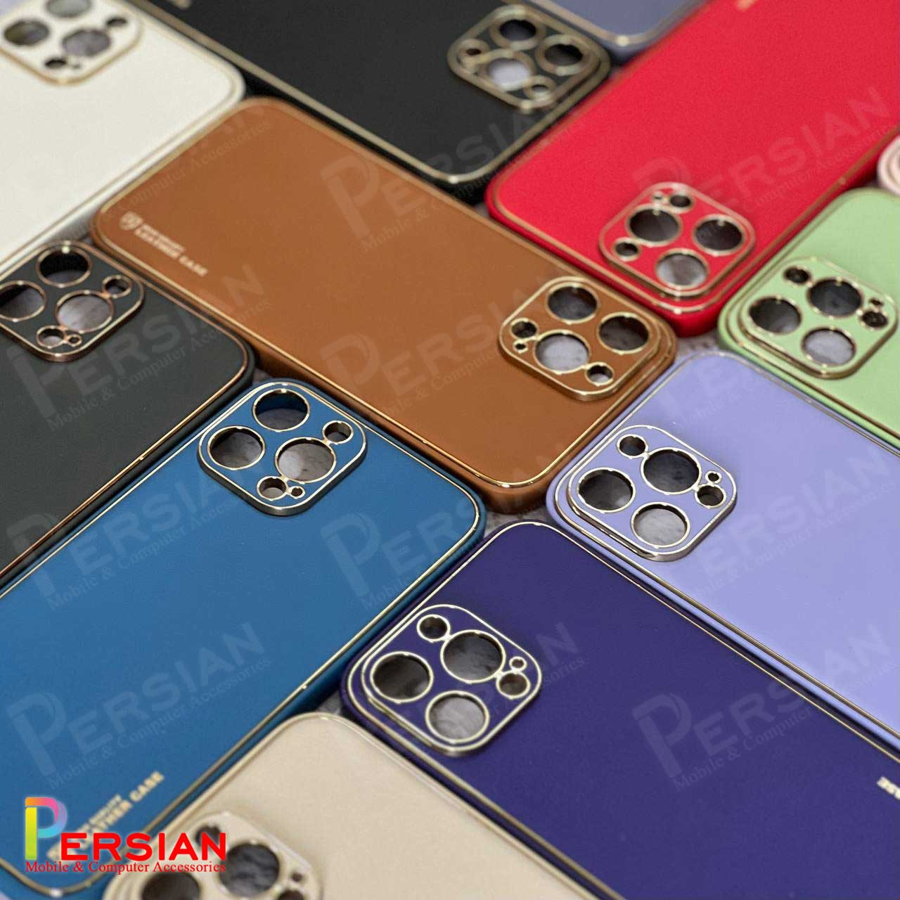 قاب ایفون 14 پرومکس چرمی Unique Case دور طلایی محافظ لنز دار iPhone 14 Pro Max