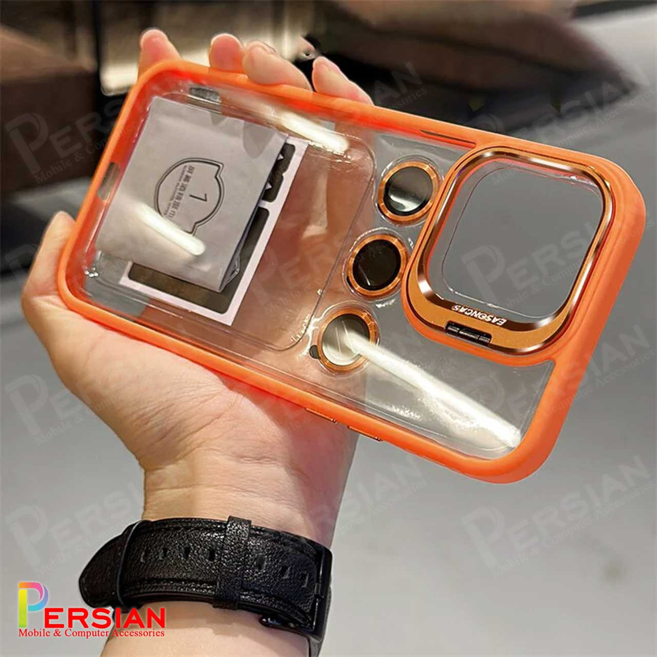 قاب آیفون 14 پرومکس برند ایسون کیس شفاف استند شو با محافظ لنز رینگی  Eason Case IPhone 14 Pro Max