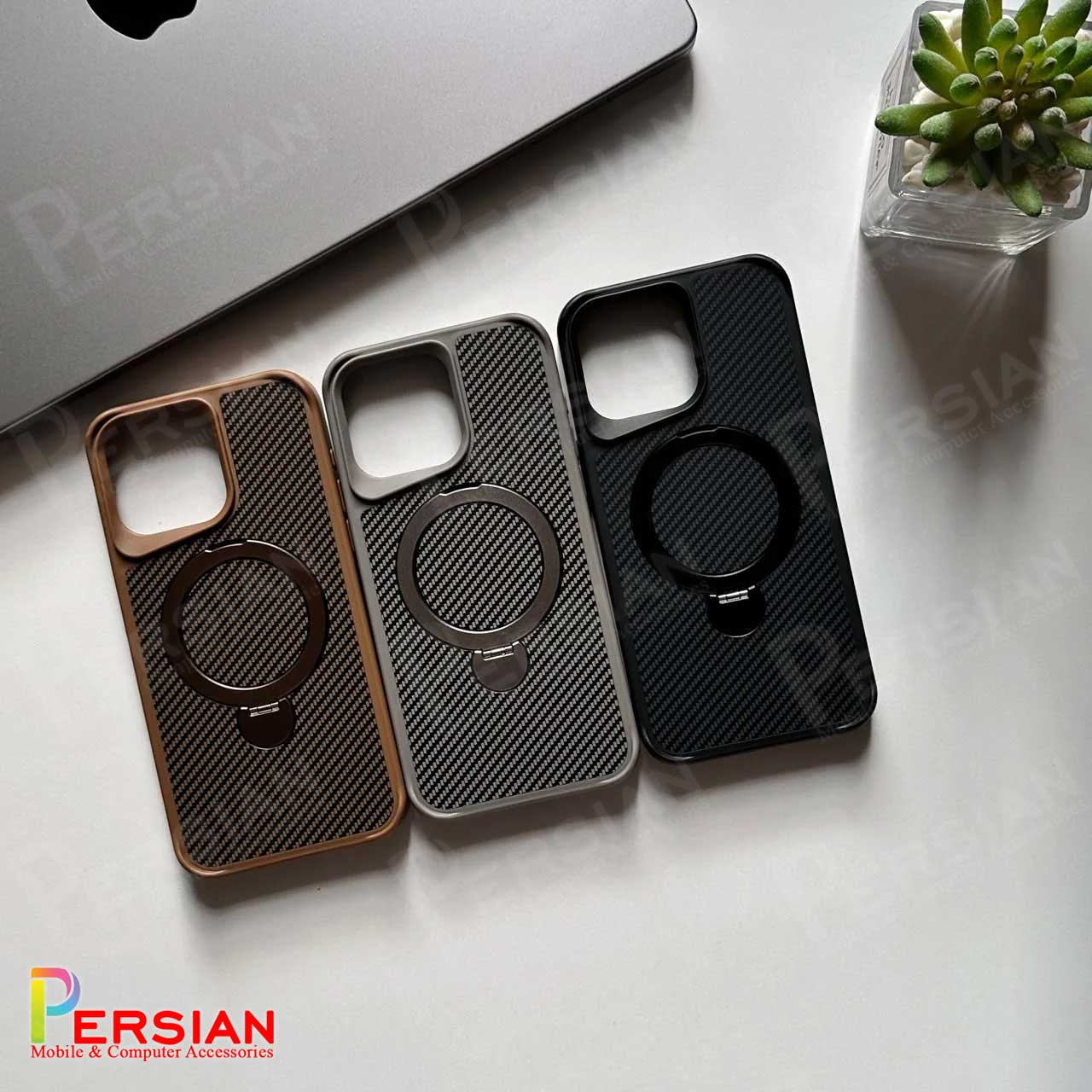 قاب گوشی آیفون 16 پرومکس طرح فیبر کربن مگ سیف استند شو برند مجیک ماسک Fiber Carbon Magic Mask Case iPhone 16 Pro Max