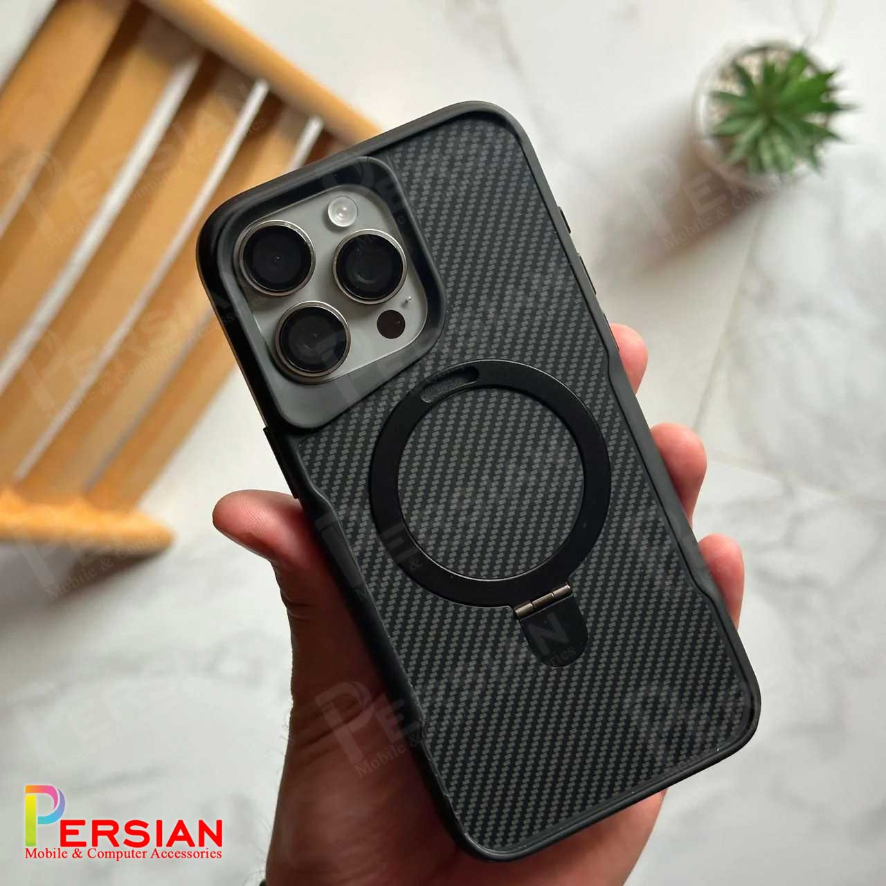 قاب گوشی آیفون 13 طرح فیبر کربن مگ سیف استند شو برند مجیک ماسک Fiber Carbon Magic Mask Case iPhone 13
