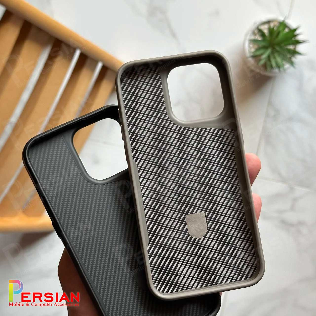 قاب گوشی آیفون 13 طرح فیبر کربن مگ سیف استند شو برند مجیک ماسک Fiber Carbon Magic Mask Case iPhone 13