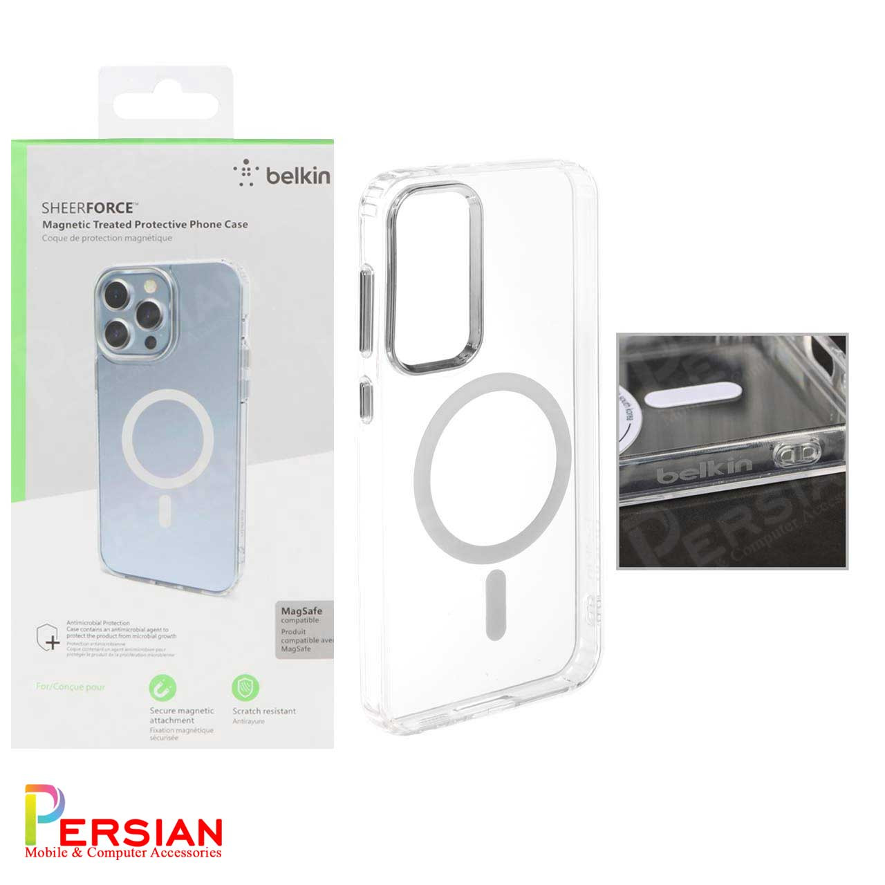 قاب شفاف گوشی سامسونگ S23 FE برند بلکین با مگ سیف و دکمه و رینگ متال Belkin For Samsung S23 FE