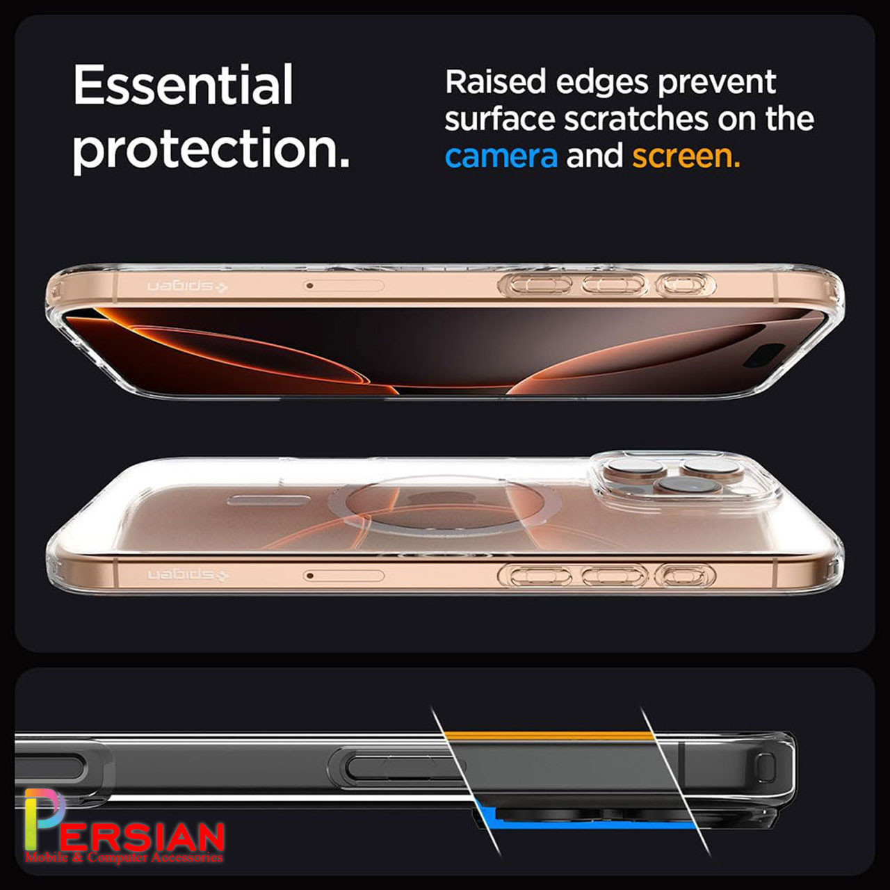 قاب گوشی آیفون ۱6 پرومکس تمام شفاف با مگ سیف برند اسپیگن Spigen Ultra Hybrid (MagFit)Case iPhone 16 Pro Max