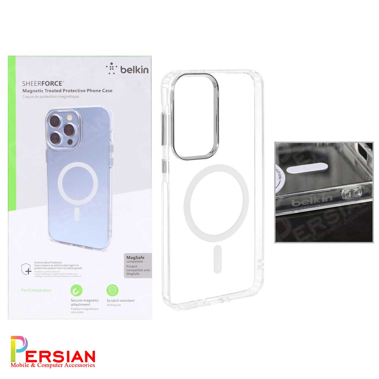 قاب شفاف گوشی سامسونگ A56 برند بلکین با مگ سیف و دکمه و رینگ متال Belkin For Samsung A56