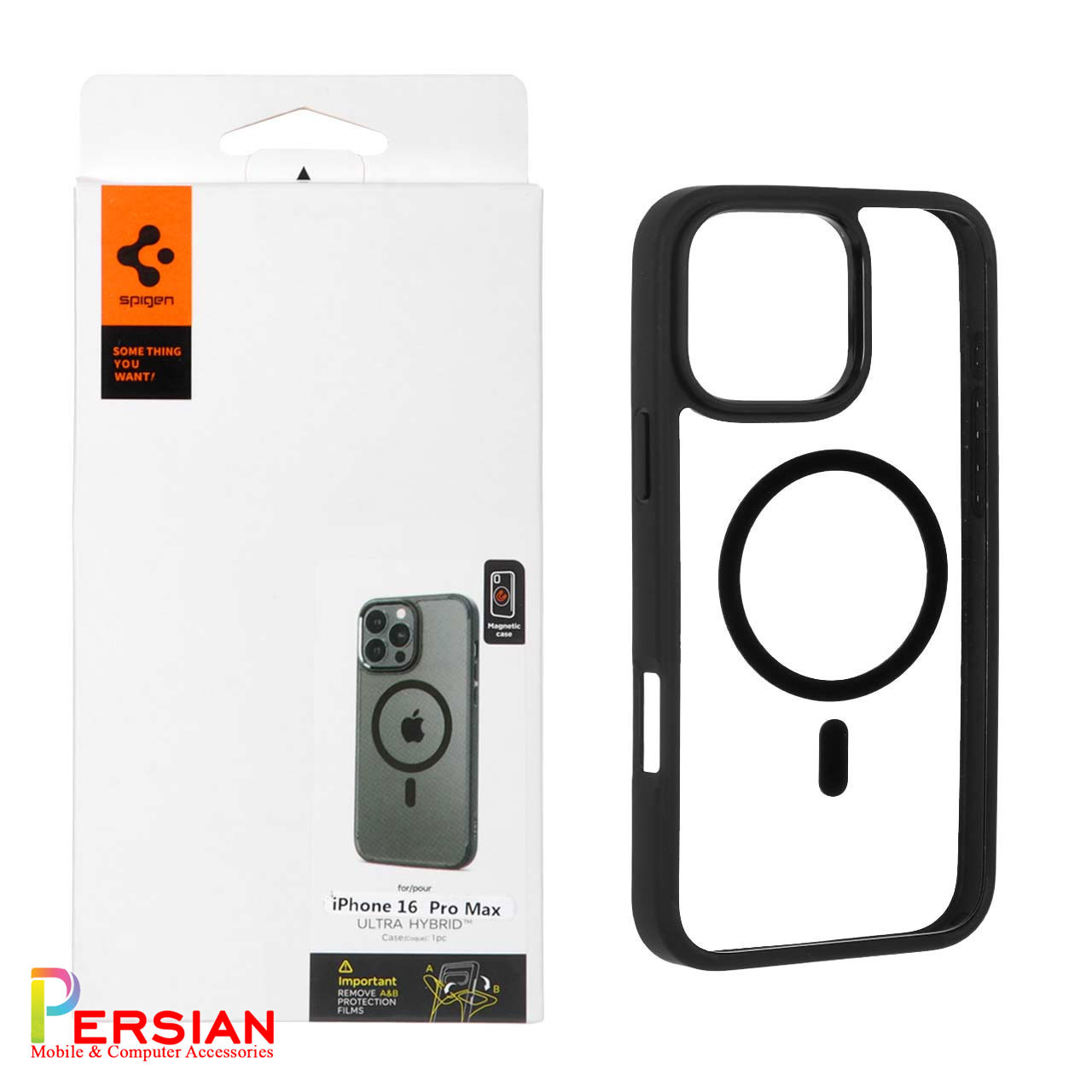 قاب گوشی آیفون ۱6 پرومکس دور مشکی پشت شفاف با مگ سیف برند اسپیگن Spigen Ultra Hybrid (MagFit)Case iPhone 16 Pro Max