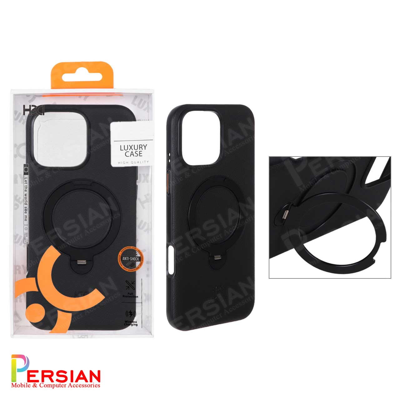 قاب اورجینال چرمی HDD گوشی آیفون 16 پرومکس با مگ سیف لوپ استندشو HDD Leather Holder Case iPhone 16 Pro Max