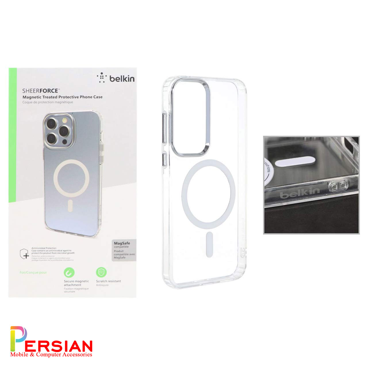 قاب شفاف گوشی سامسونگ A55 برند بلکین با مگ سیف و دکمه و رینگ متال Belkin For Samsung A55