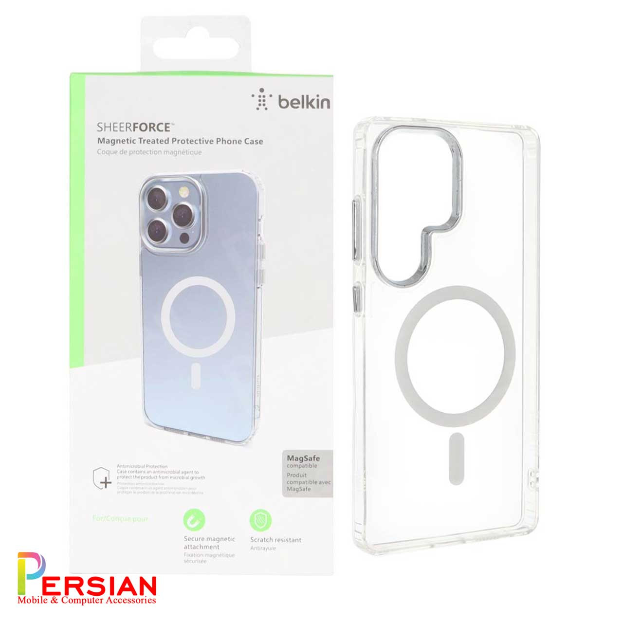 قاب شفاف گوشی سامسونگ S25 الترا برند بلکین با مگ سیف و دکمه و رینگ متال Belkin For Samsung S25 Ultra