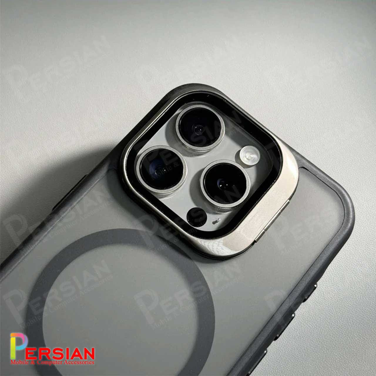 قاب گوشی آیفون 16 پرو مات لنز شیشه ای استند شو با مگ سیف مجیک ماسک