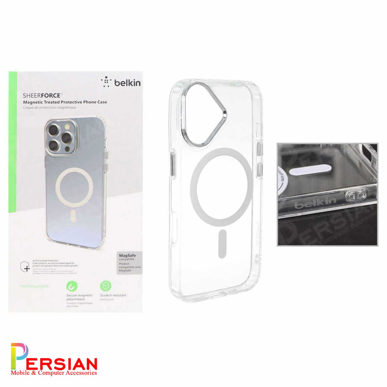 قاب شفاف گوشی آیفون 17 برند بلکین با مگ سیف و دکمه و رینگ متال Belkin For IPhone 17