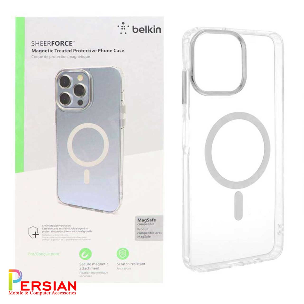 قاب شفاف گوشی سامسونگ A06 برند بلکین با مگ سیف و دکمه و رینگ متال Belkin For Samsung A06