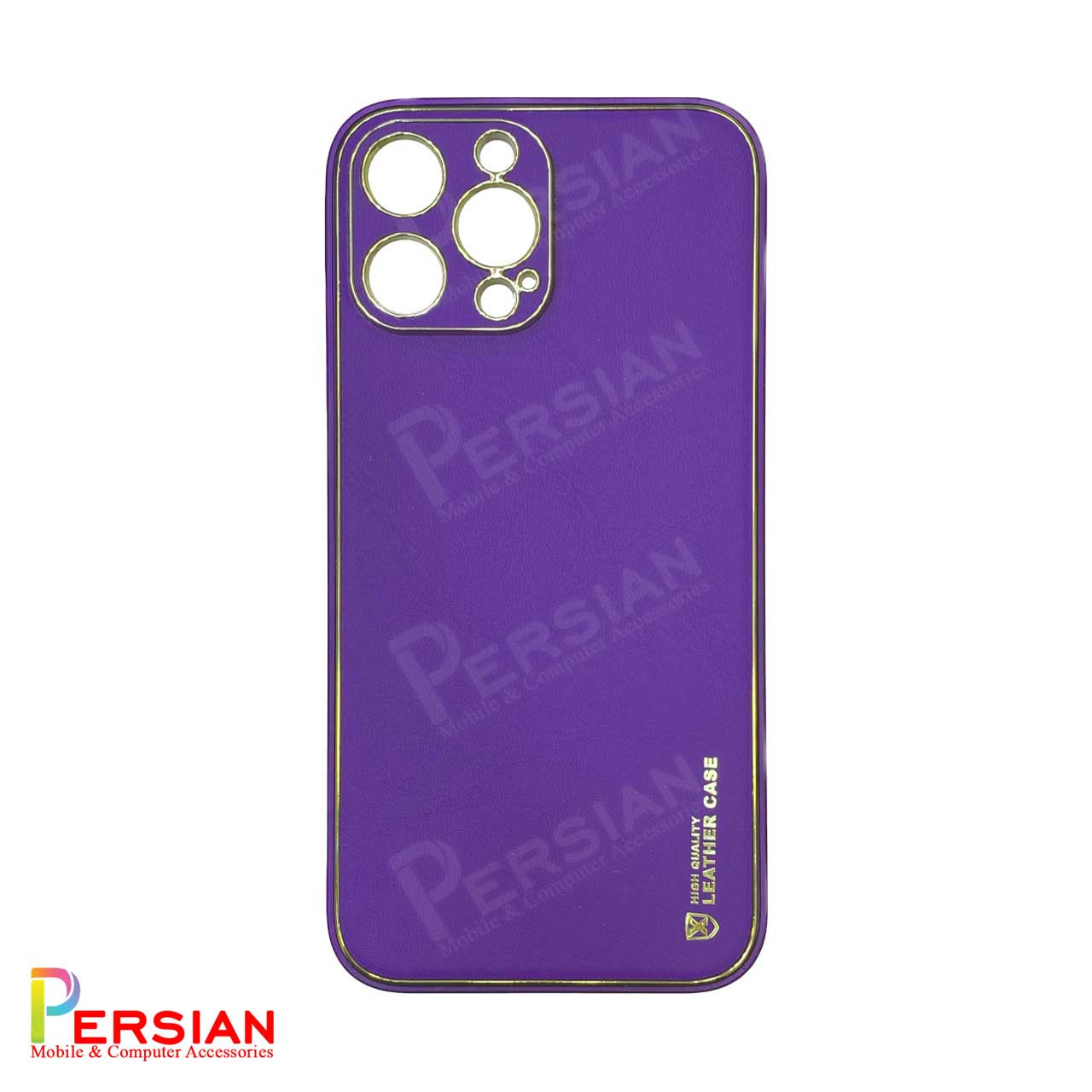قاب ایفون 14 پرومکس چرمی Unique Case دور طلایی محافظ لنز دار iPhone 14 Pro Max