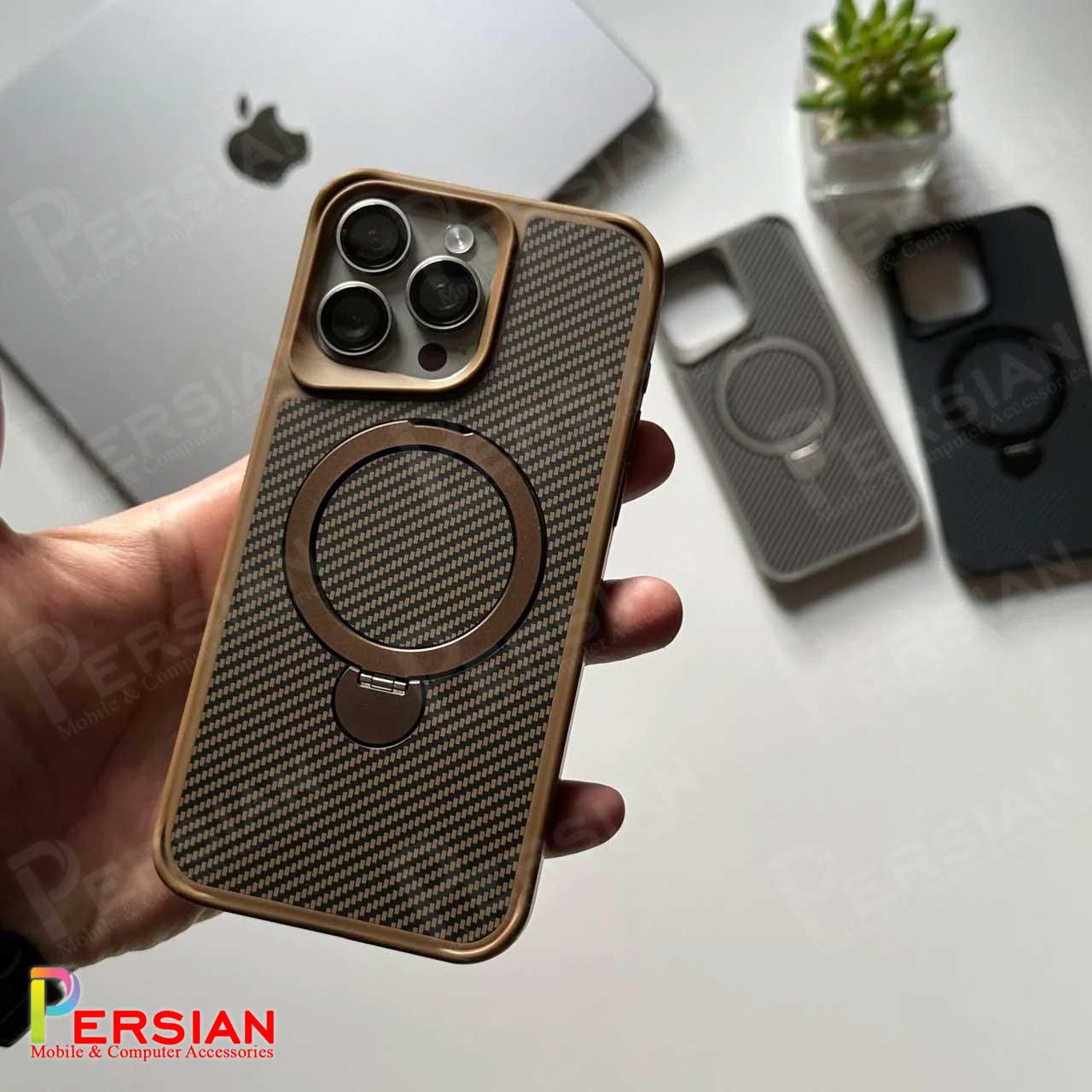 قاب گوشی آیفون 16 پرومکس طرح فیبر کربن مگ سیف استند شو برند مجیک ماسک Fiber Carbon Magic Mask Case iPhone 16 Pro Max