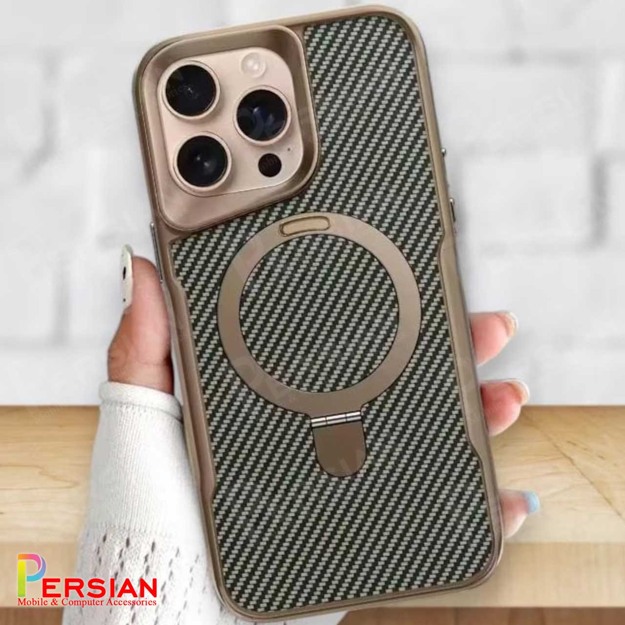 قاب گوشی آیفون 16 پرو طرح فیبر کربن مگ سیف استند شو برند مجیک ماسک Fiber Carbon Magic Mask Case iPhone 16 Pro