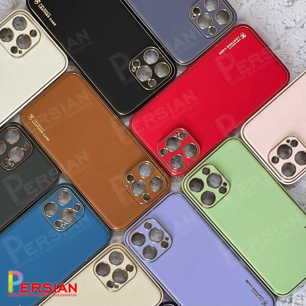 قاب ایفون 14 پرومکس چرمی Unique Case دور طلایی محافظ لنز دار iPhone 14 Pro Max