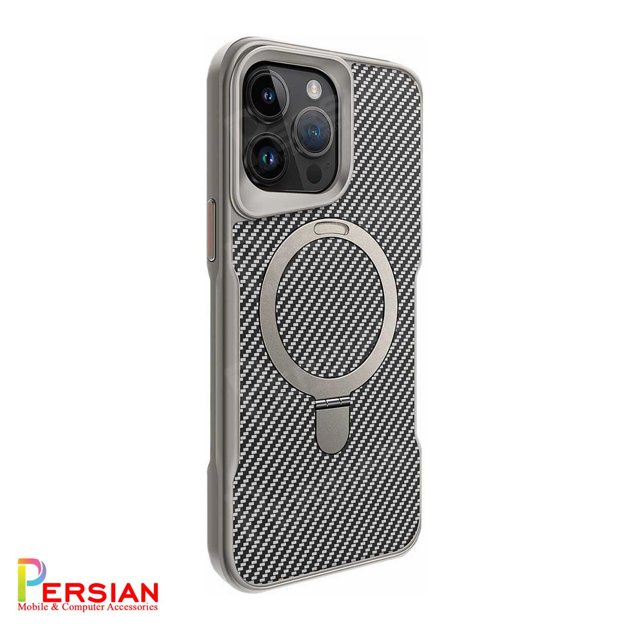قاب گوشی آیفون 16 پرومکس طرح فیبر کربن مگ سیف استند شو برند مجیک ماسک Fiber Carbon Magic Mask Case iPhone 16 Pro Max