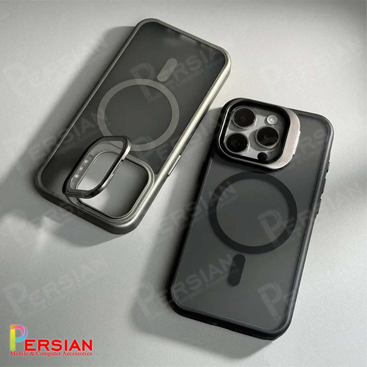 قاب گوشی آیفون 16 پرومکس مات لنز شیشه ای استند شو با مگ سیف مجیک ماسک