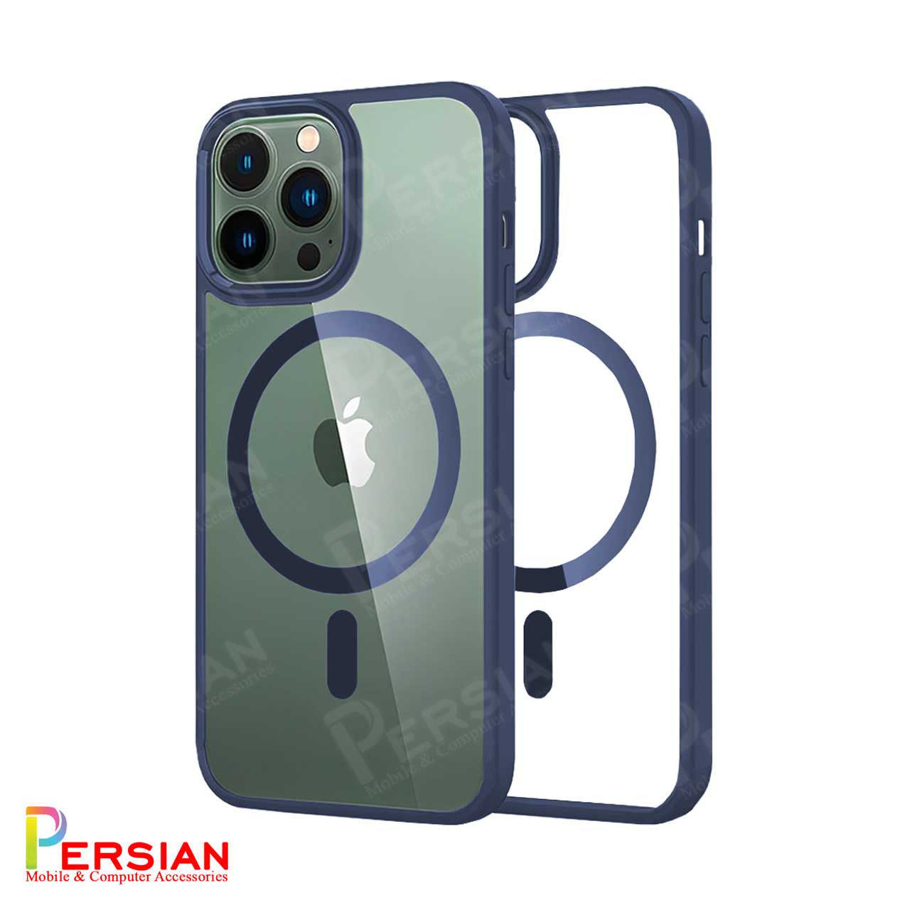 قاب آیفون 15 پرومکس برند اسپیگن شفاف دور رنگی با مگ سیف و محافظ اسپیکر Spigen Ultra Hybrid (MagFit) iPhone 15 Pro Max