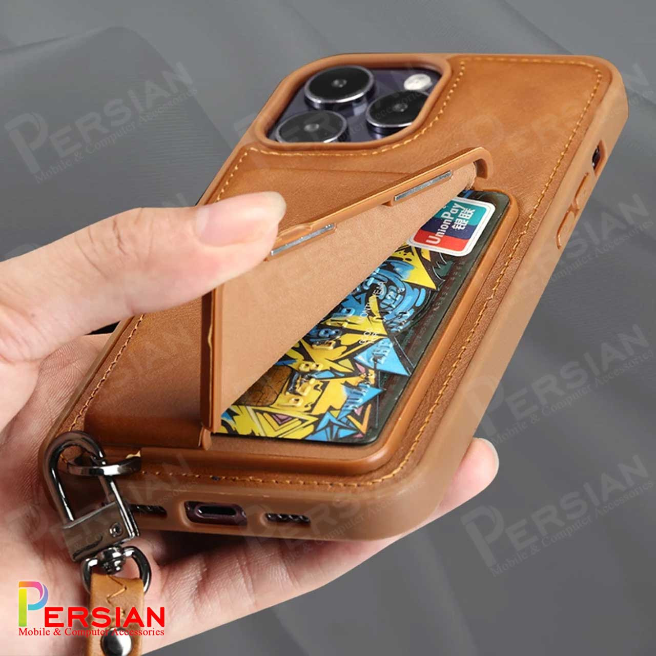 قاب چرمی آیفون 15 پرو جرلاکس با بند و جای کارت استندشو Gerlax Leather Case IPhone 15 Pro