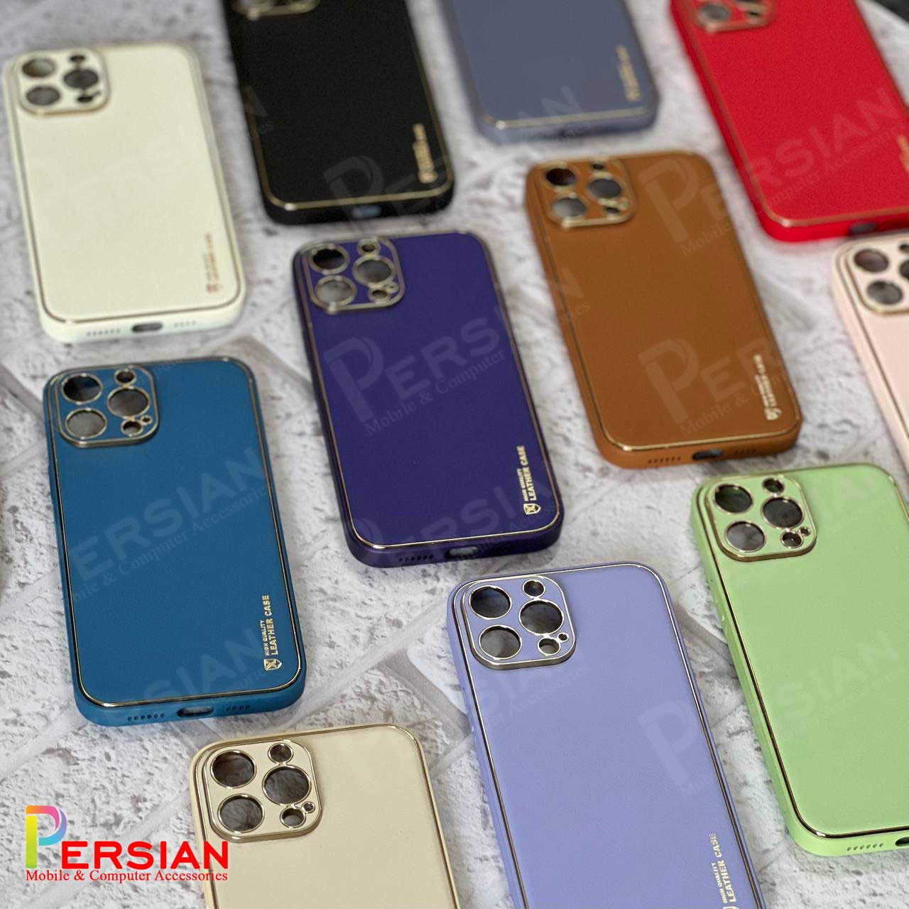 قاب ایفون 14 پرومکس چرمی Unique Case دور طلایی محافظ لنز دار iPhone 14 Pro Max